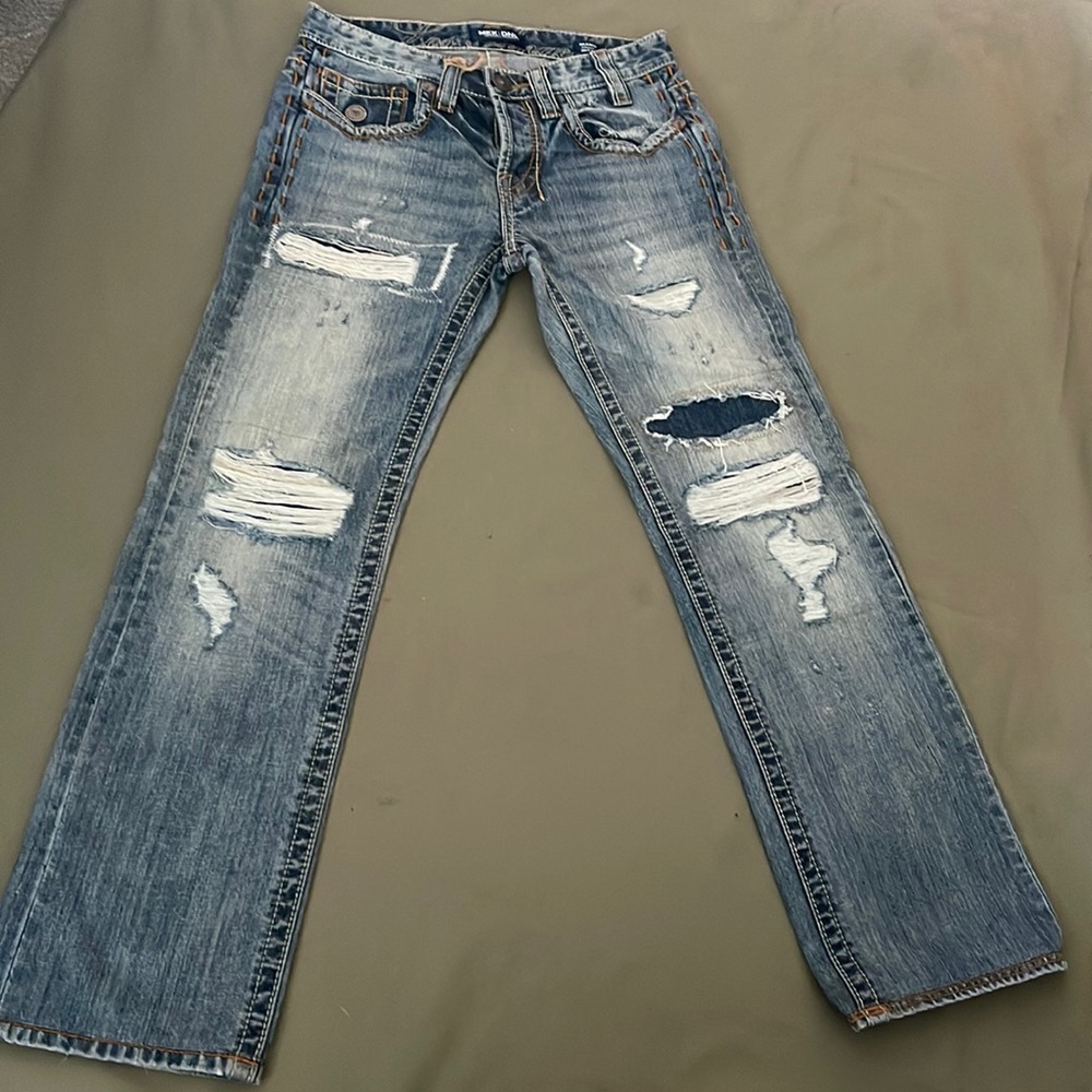 MEK DNM 🇺🇸 U.S.A. OAXACA style Distressed,embroidered, button fly  JEANS 29x30